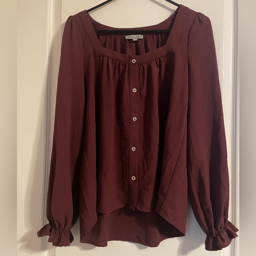 Wishlist Maroon Button Up Blouse Balloon Sleeve Oversized Small Boho Peasant